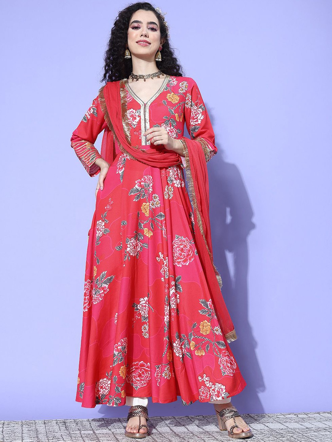 

DIVASTRI Women Floral Printed Sequinned Floral Anarkali Kurta, Pink