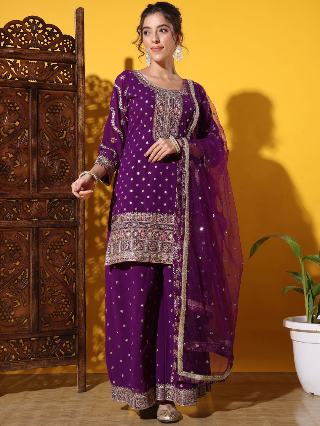 

Chhabra 555 Floral Embroidered Sequinned Georgette Straight Kurta With Palazzo & Dupatta, Purple