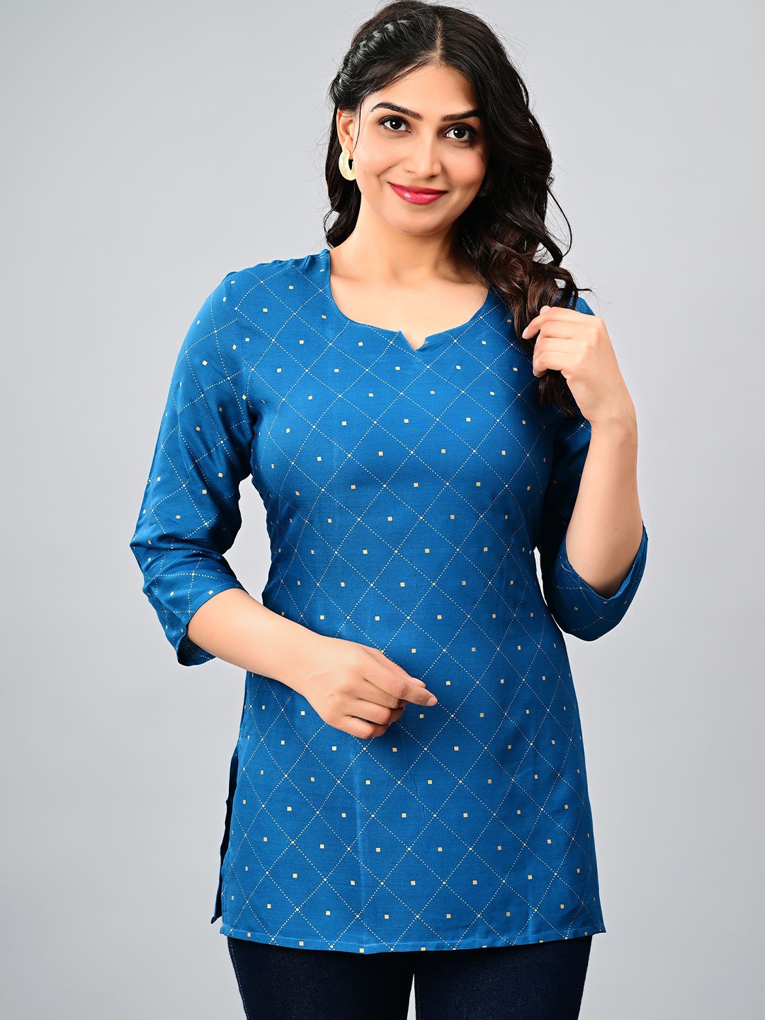 

ASHRU Ethnic Motifs Printed Pure Cotton Kurti, Blue