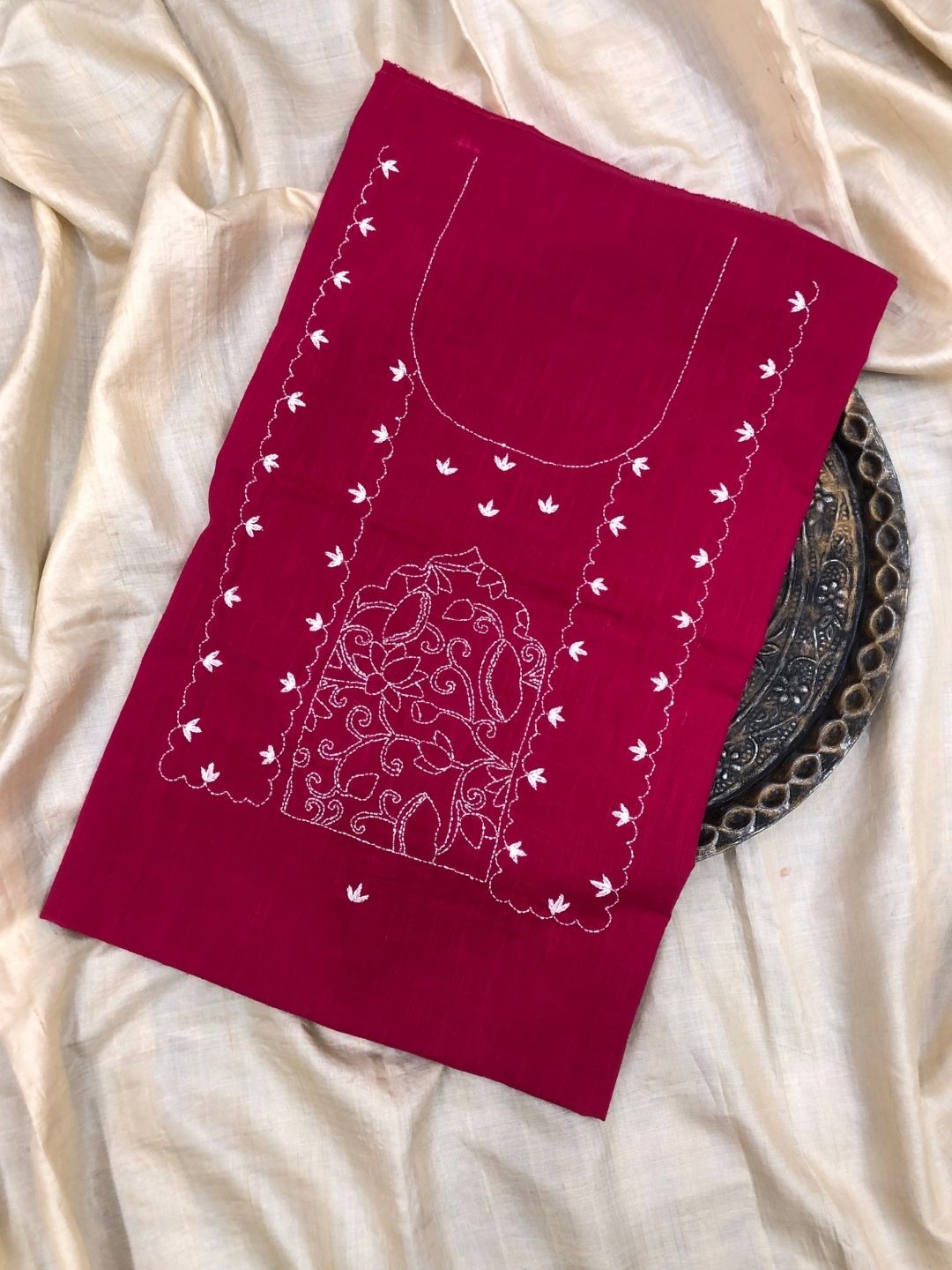 

PALASH Embroidered Pure Cotton Unstitched Dress Material, Red