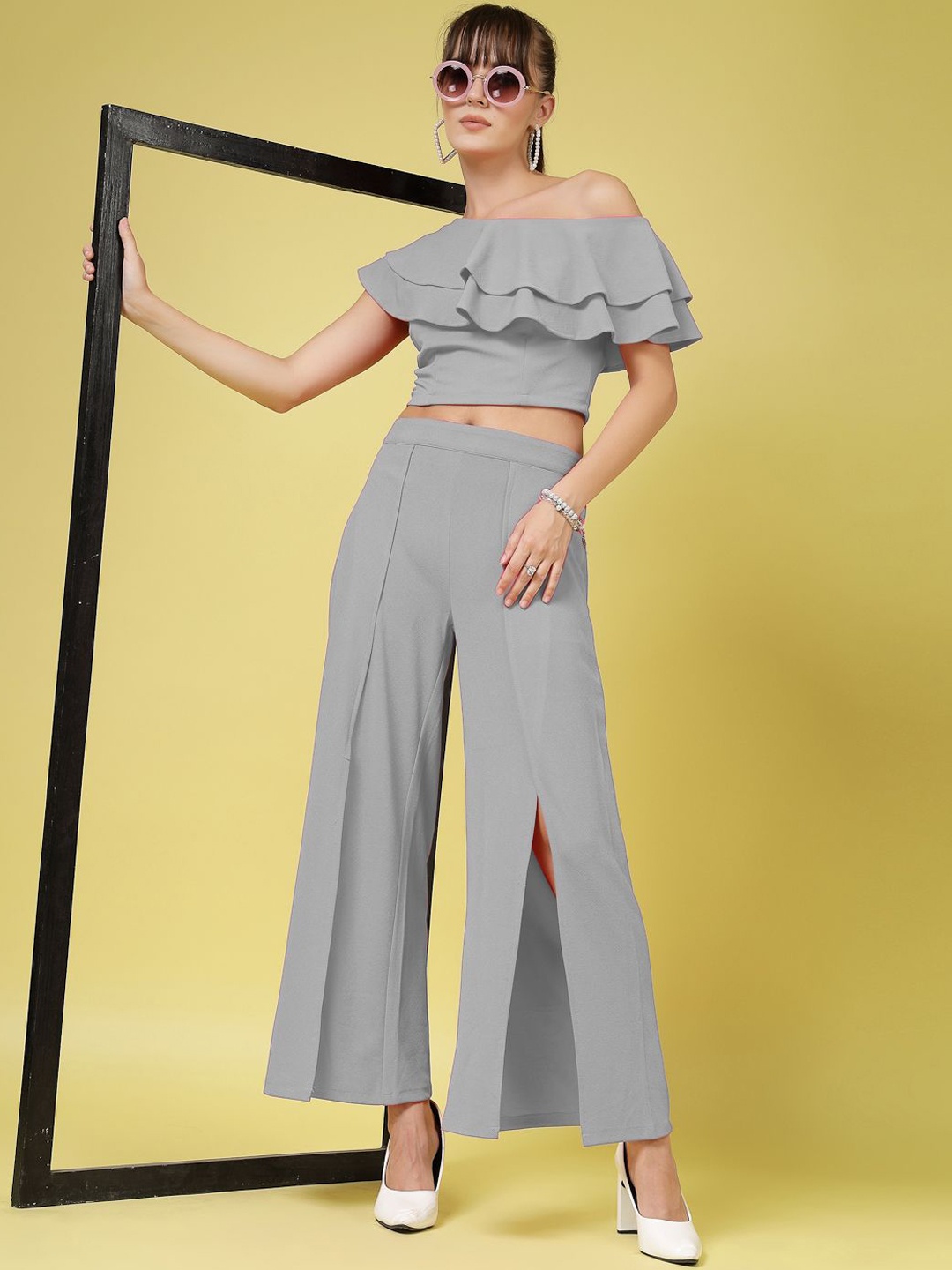 

DressBerry One Shoulder Neck Crop Top With Trouser, Grey
