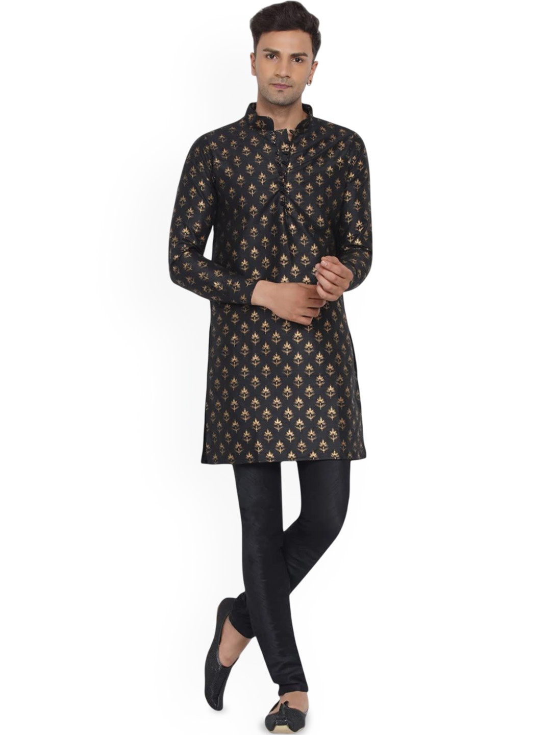 

VEERA PARIDHAAN Floral Printed Mandarin Collar Art Silk Straight Kurta, Black