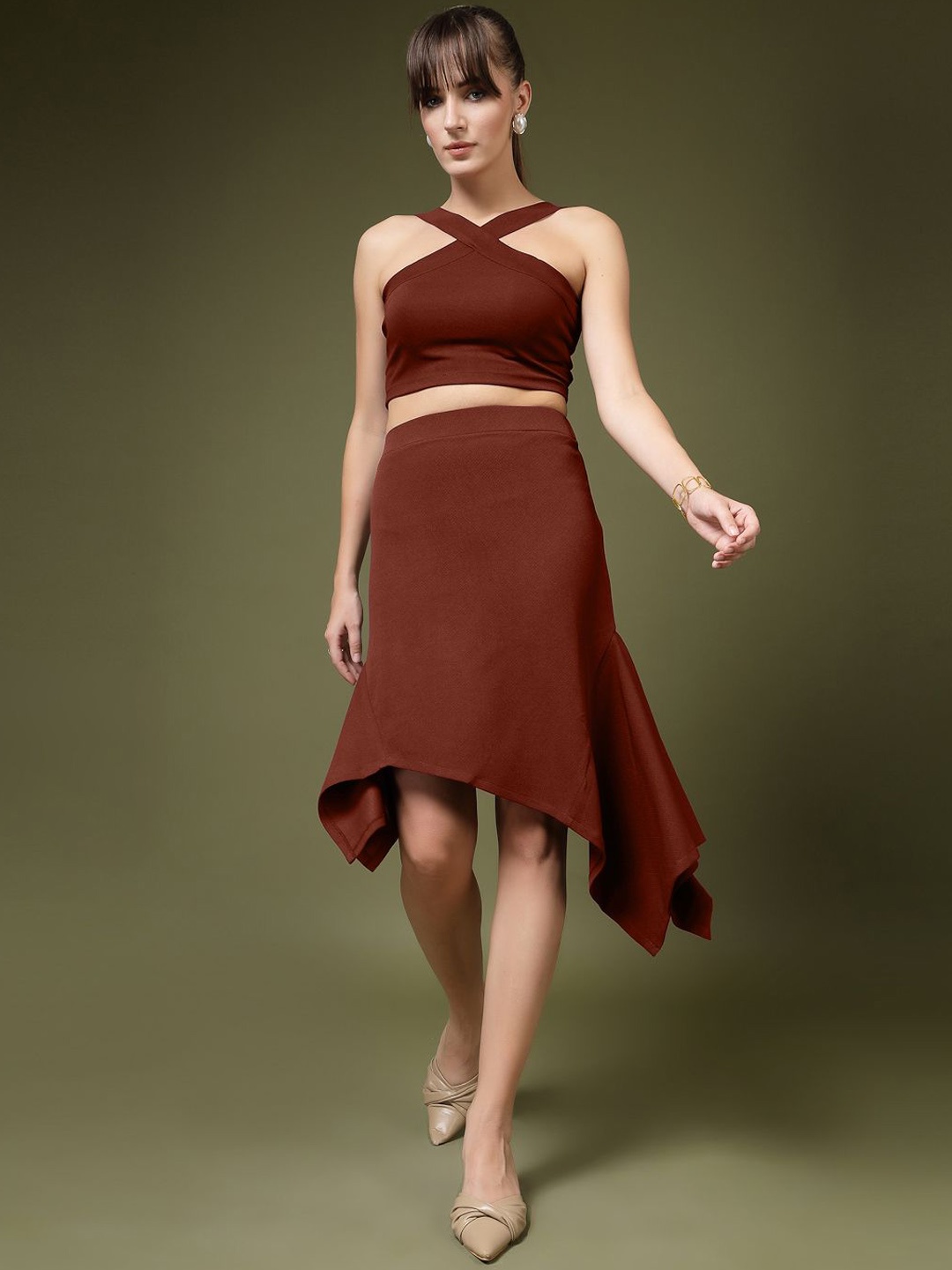 

DressBerry Halter Neck Crop Top With Skirt, Brown