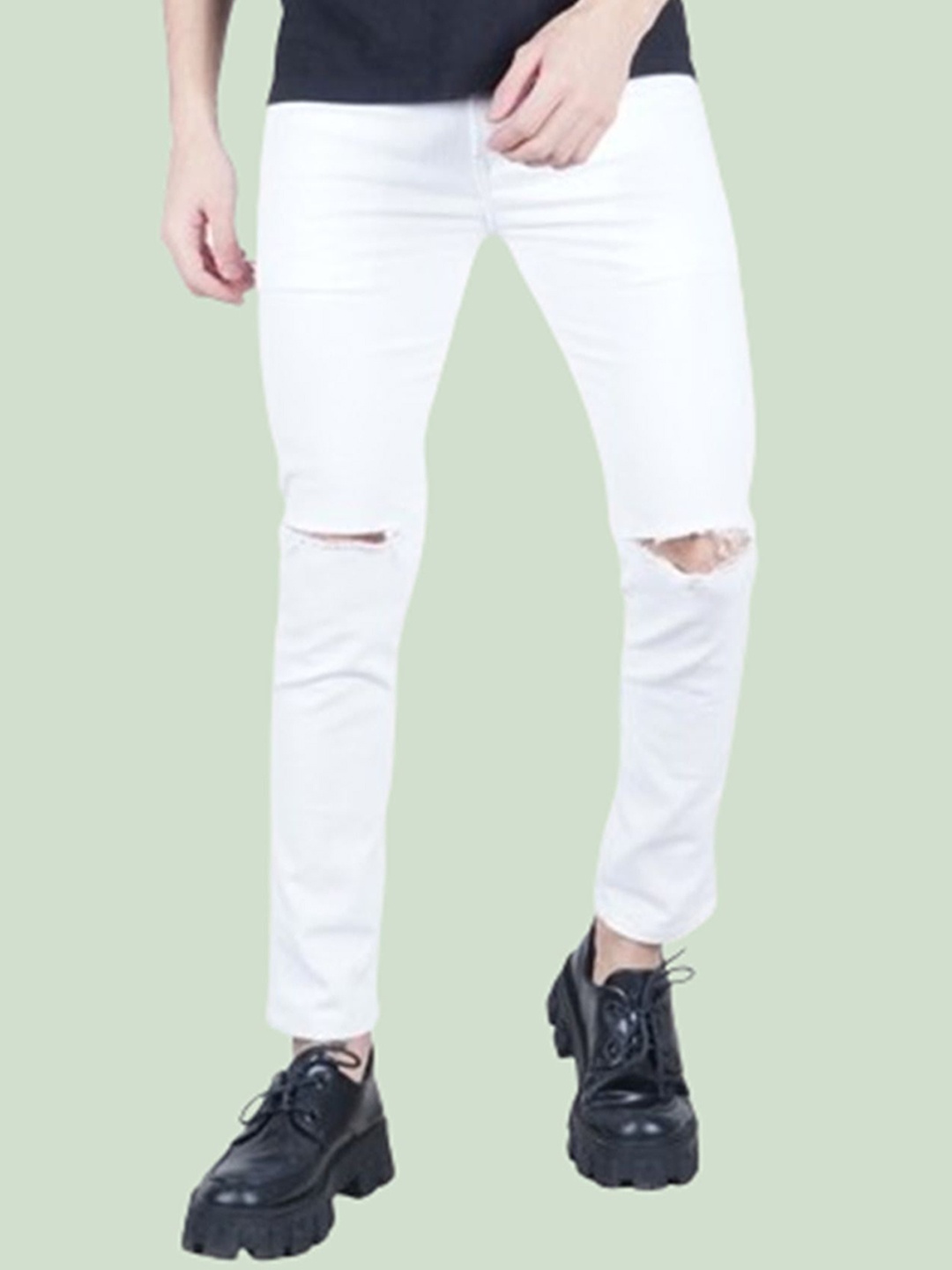 

LINARIA Men Classic Slim Fit Slash Knee Cotton Jeans, White