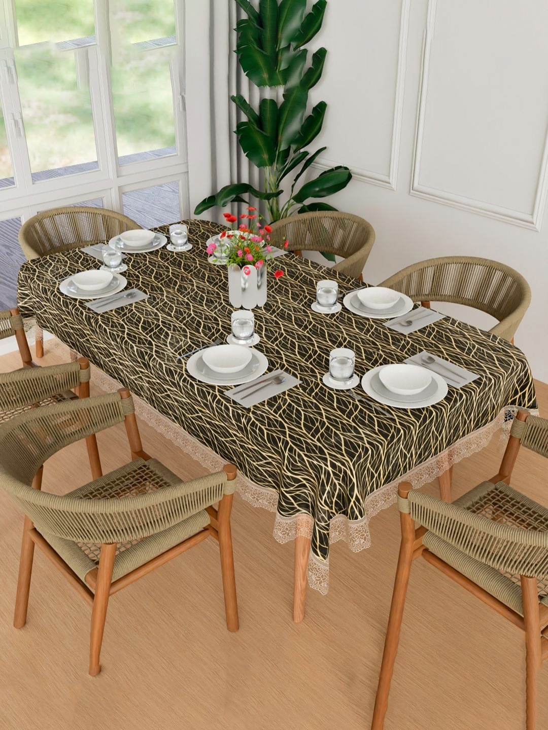 

Aura Brown Floral Waterproof 6-Seater 1.52 m x 2.3 m PVC Table Cover, Black