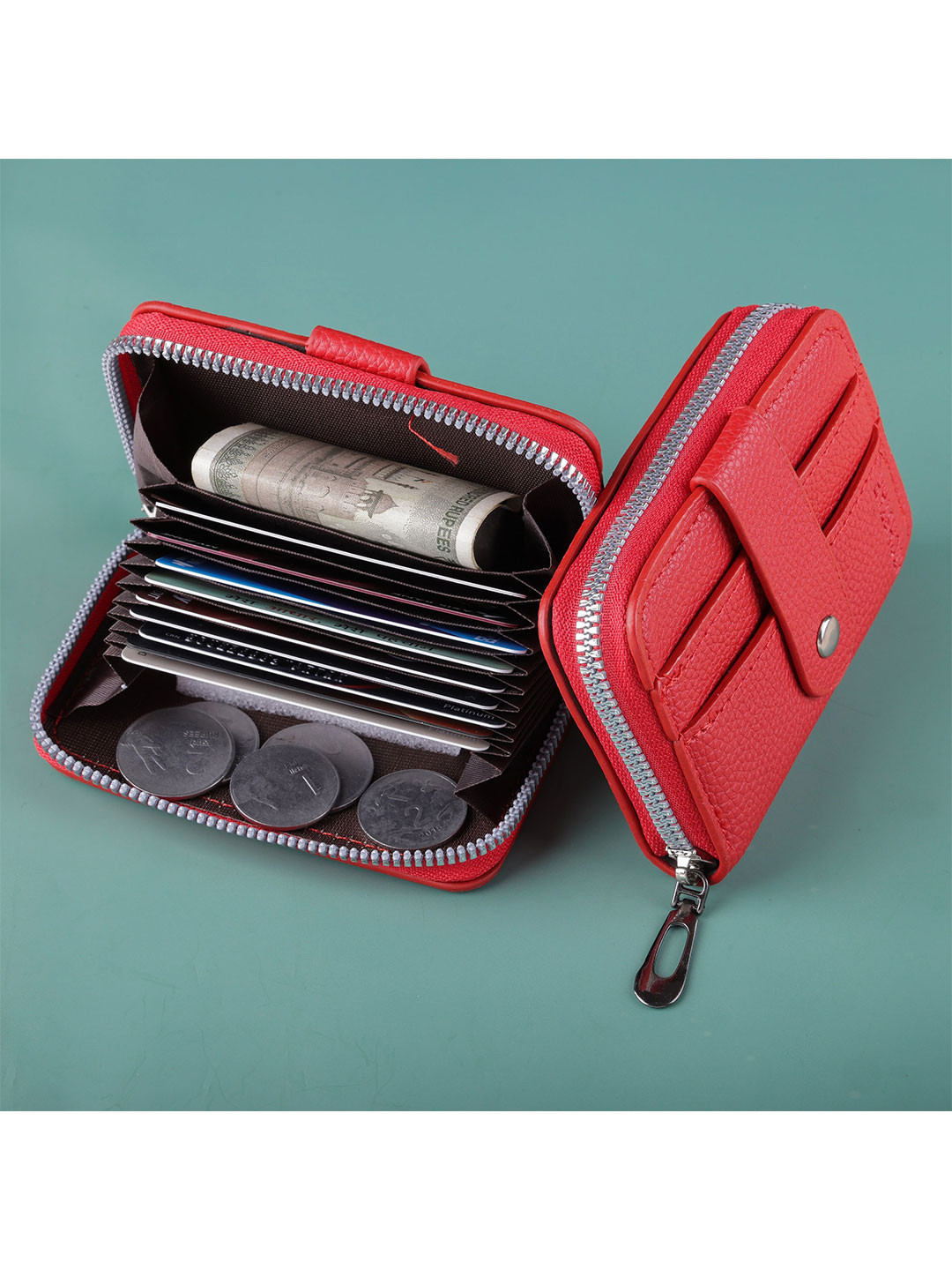 

SZN Women Zip Detail Leather Card Holder, Red