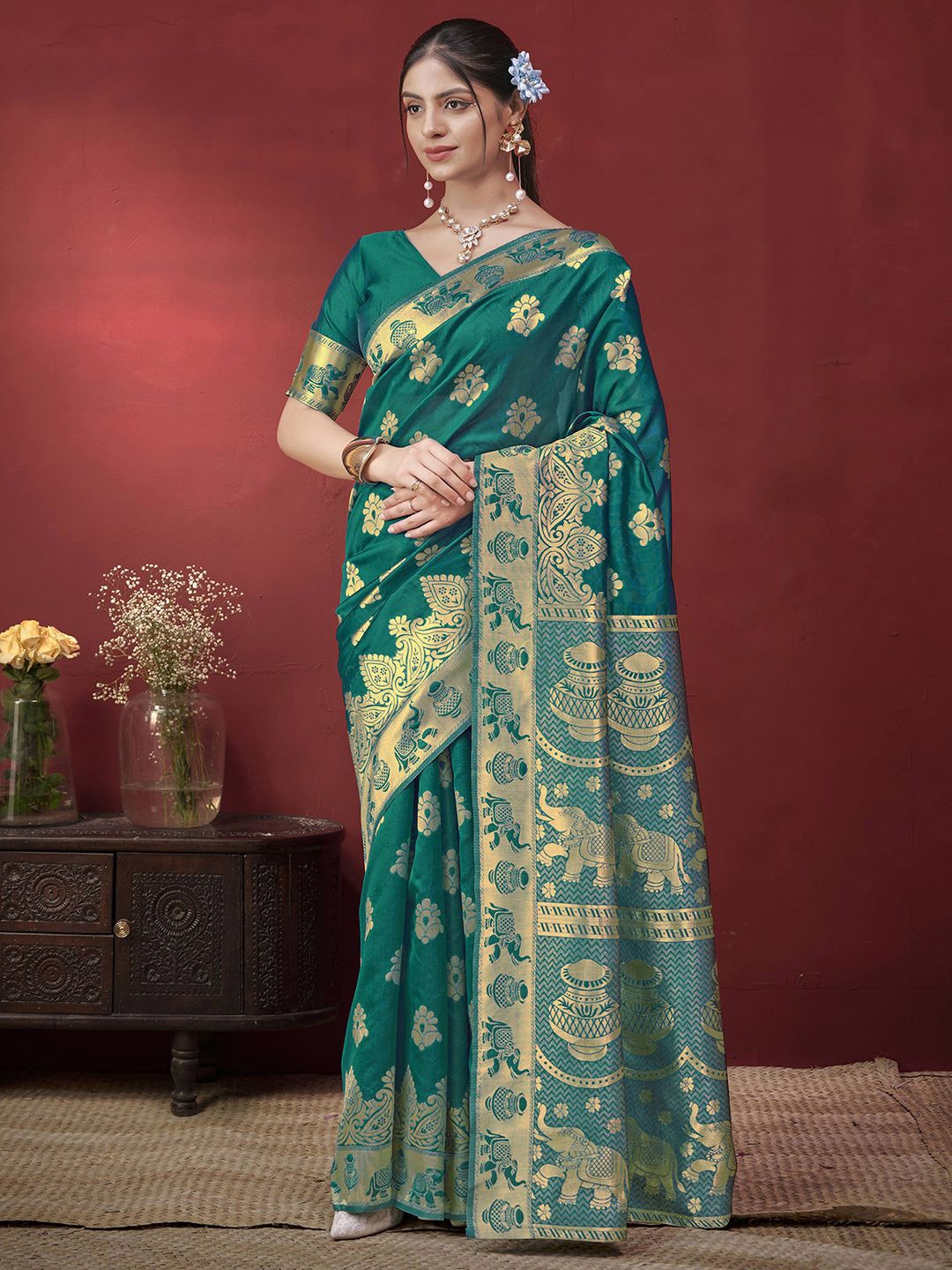 

KALINI Woven Design Zari Silk Blend Paithani Saree, Turquoise blue