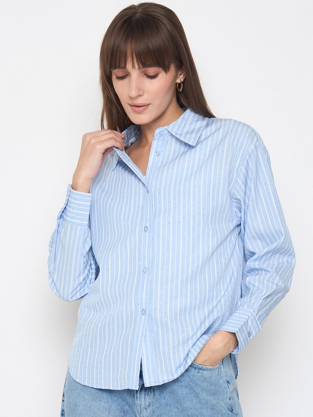 

Madame Women Opaque Striped Casual Shirt, Blue