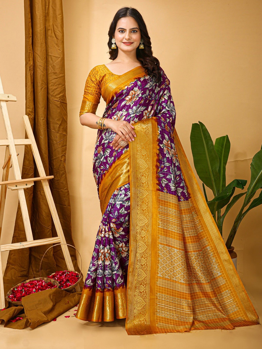 

Panzora Floral Printed Zari Kanjeevaram Saree, Purple