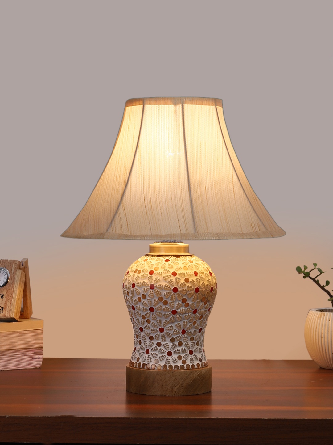 

Devansh Off White & Red Textured Wooden Frustum Shaped Table Lamp With Mosaic Glass Base