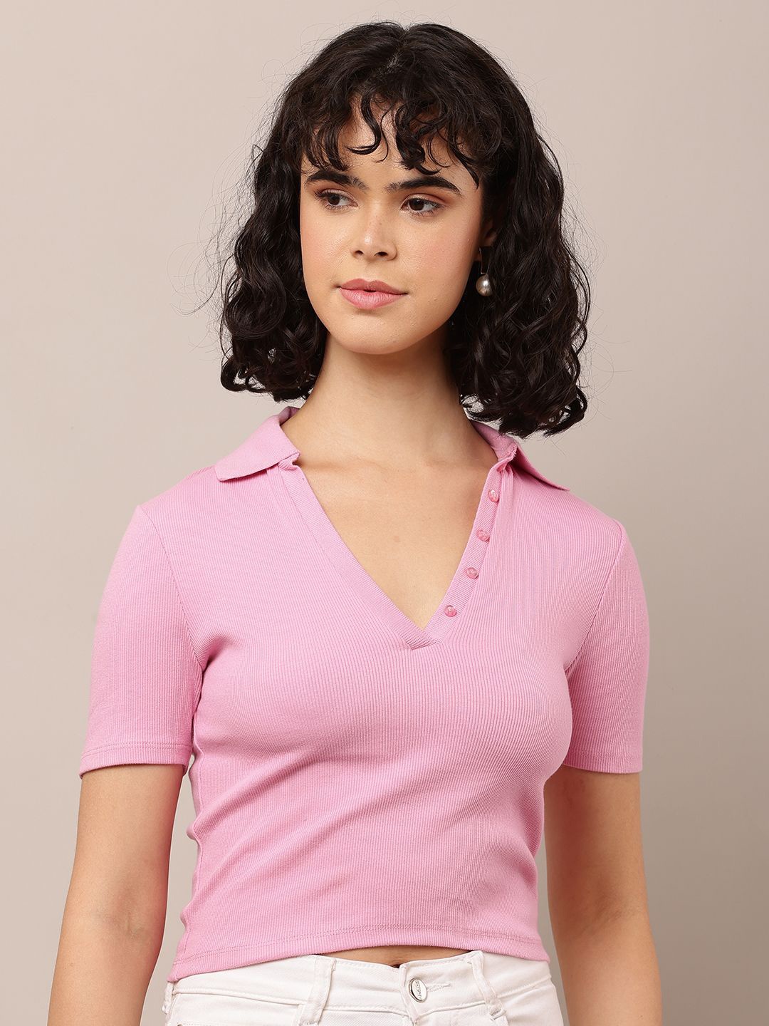 

NoBarr Solid V-Neck Cotton Crop Top, Pink