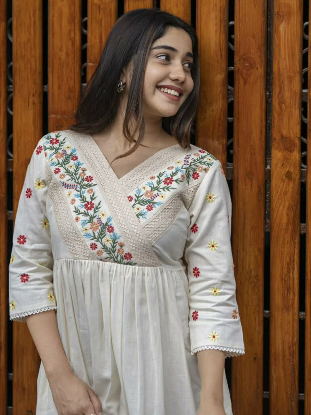 

Rujave Embroidered V Neck Fit & Flare Maxi Dress, White