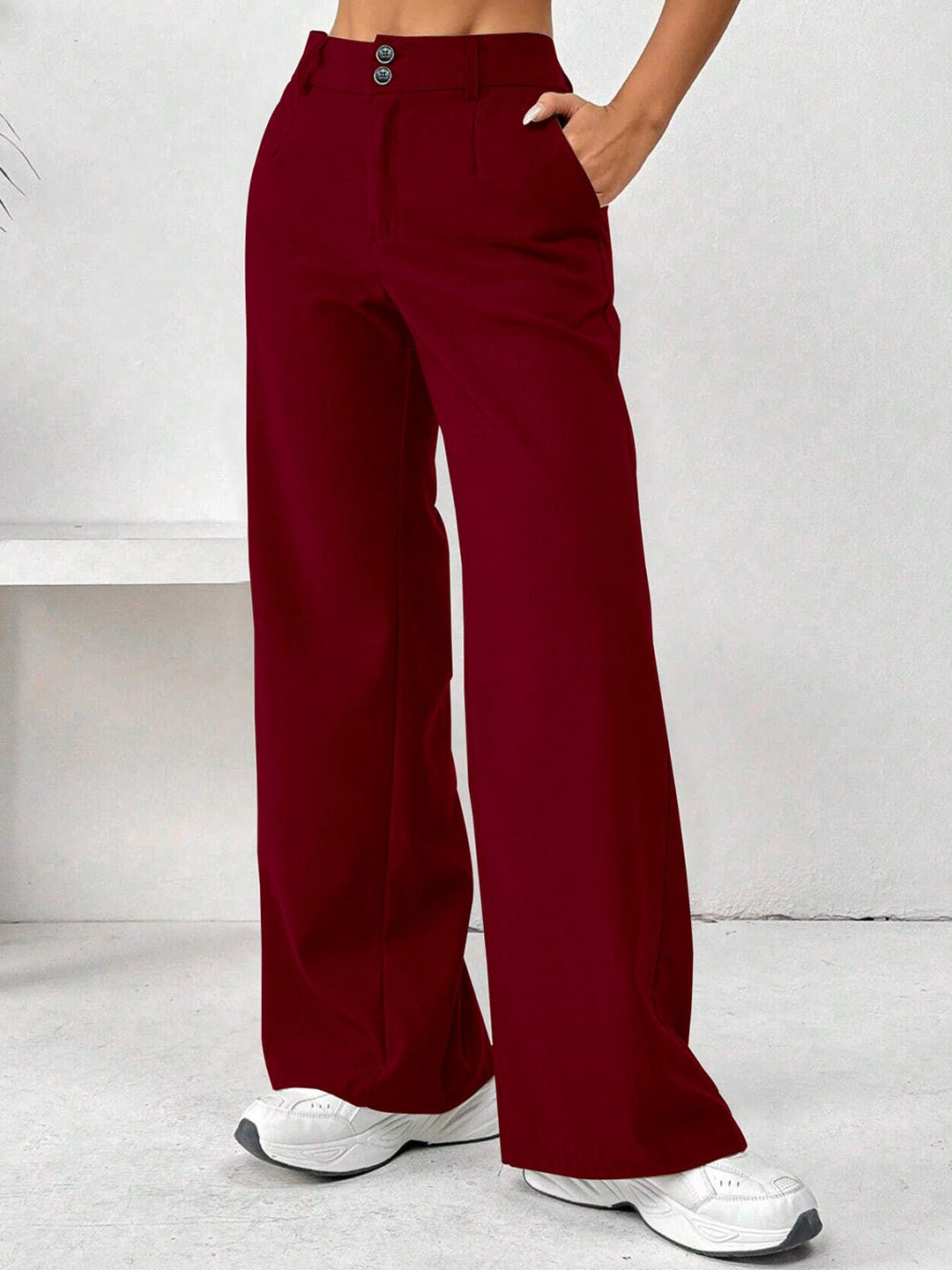 

RAJOVATI Women Loose Fit Wide Leg Pleated Trousers, Maroon