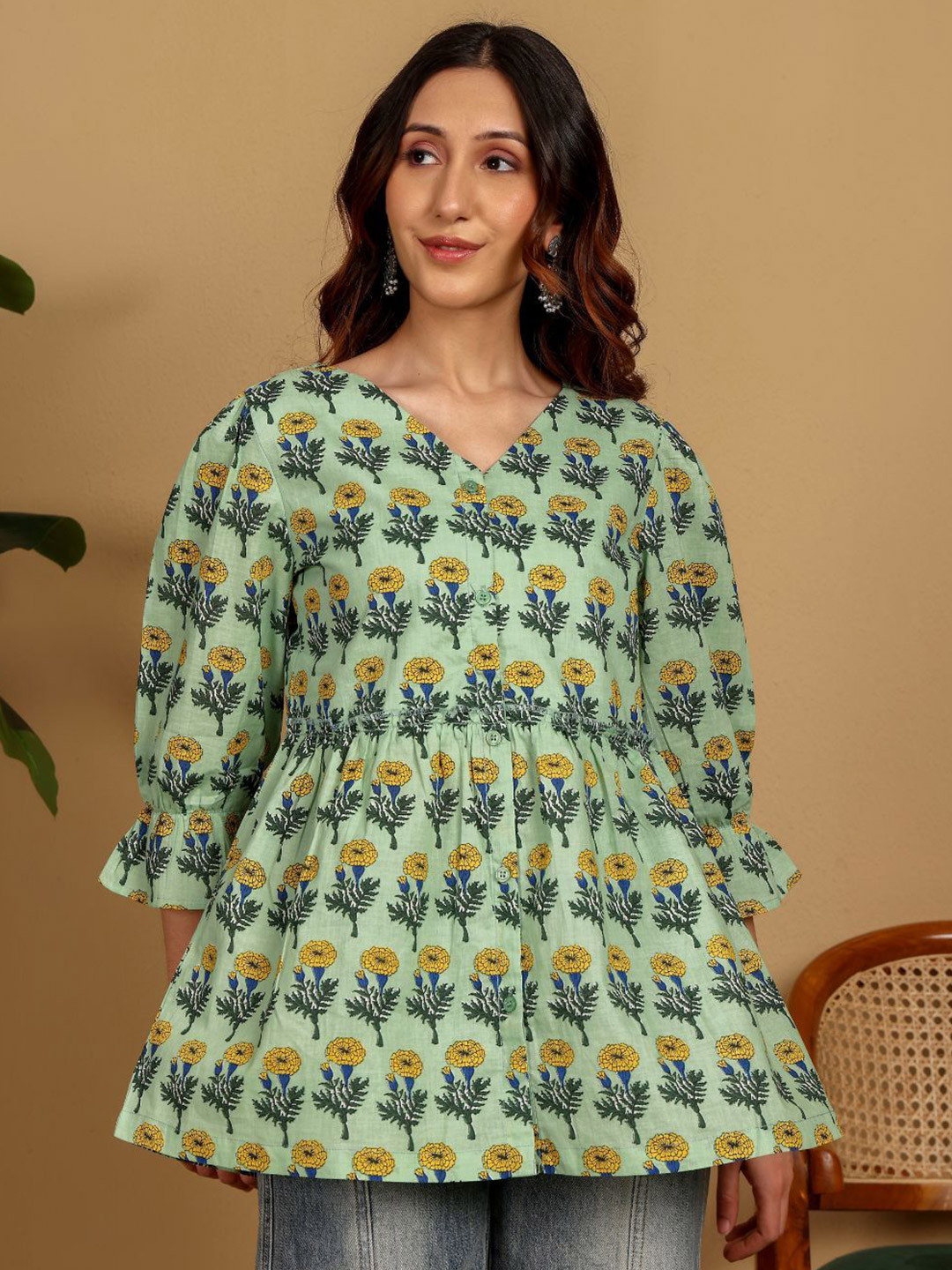 

Chowkhat Floral Printed V-Neck Pure Cotton Handloom Empire Kurti, Green