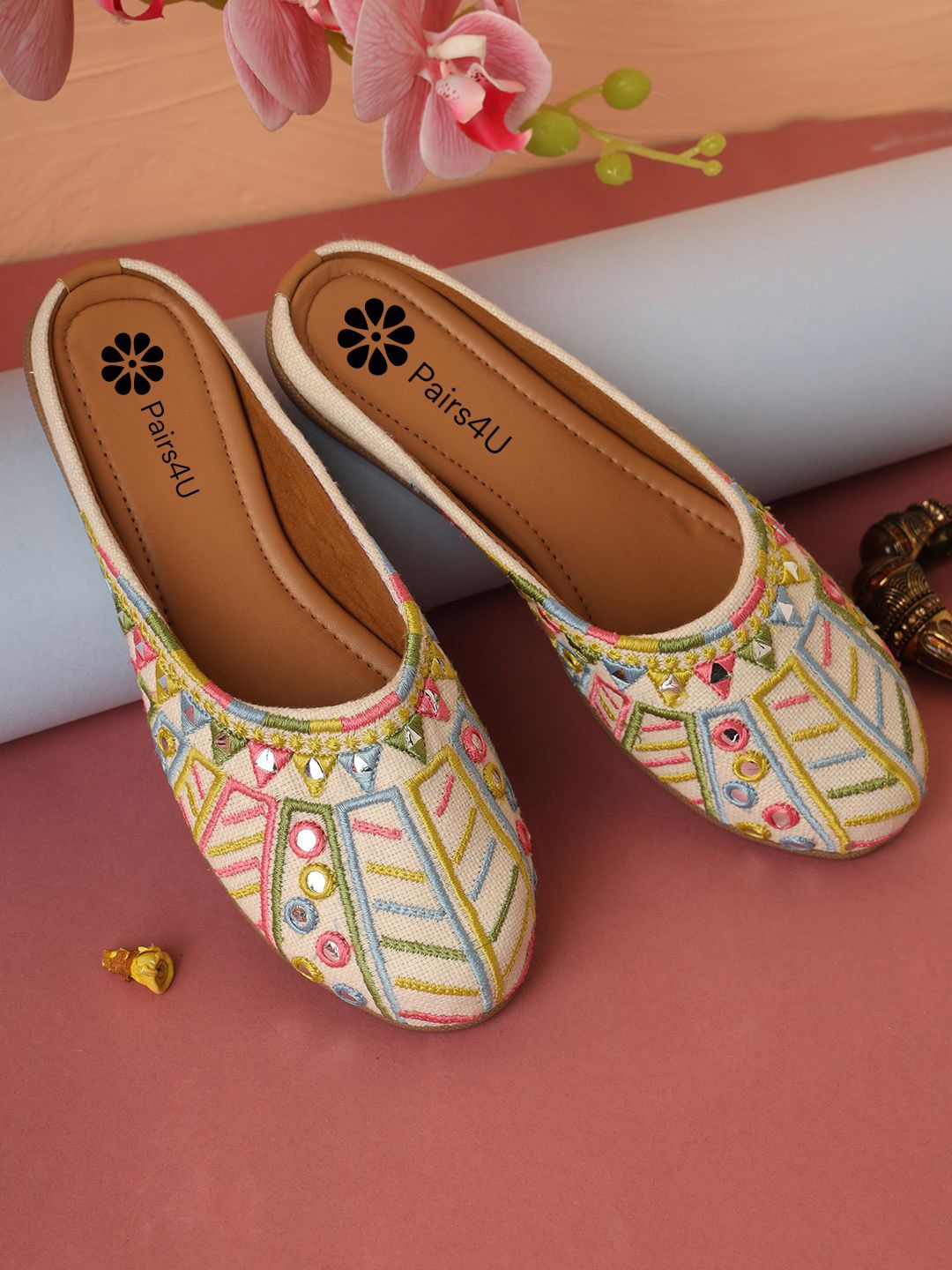 

Pairs4U Women Embellished Mojaris with Embroidered Flats, Multi