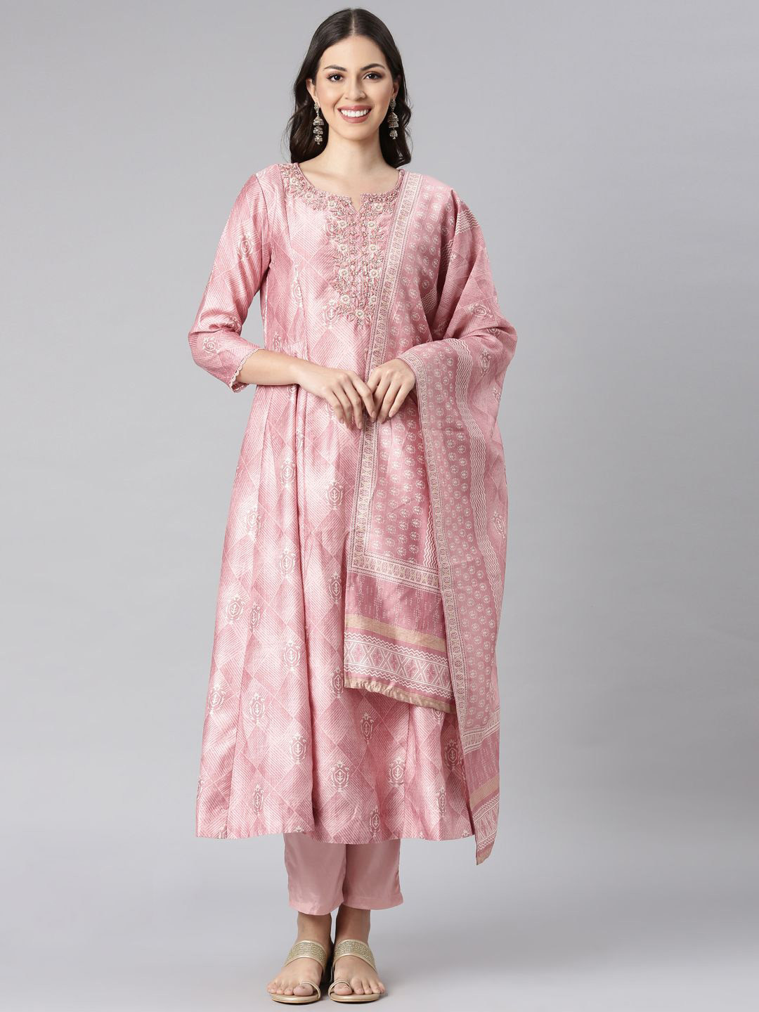 

Neerus Floral Printed Notch Neck Sequinned Kurta With Trousers & Dupatta, Pink