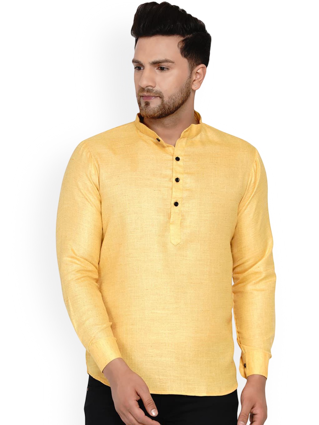 

VEERA PARIDHAAN Cotton Thread Work Khadi Mandarin Collar Short Kurta, Yellow
