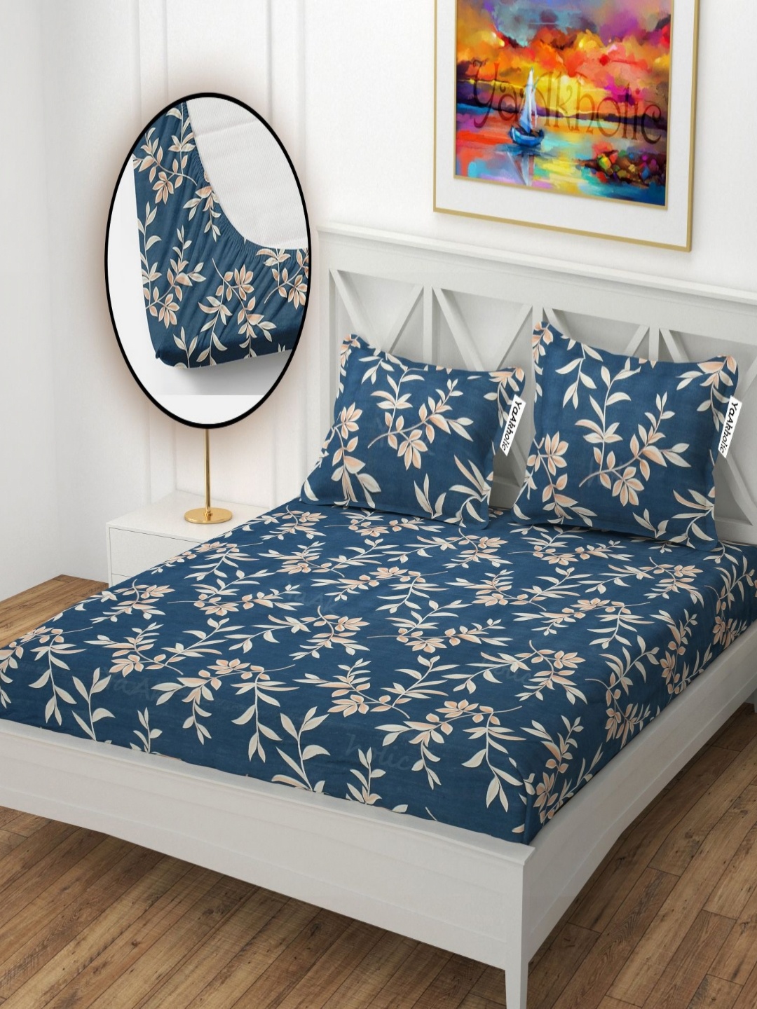 

YaAkholic Blue & Pink Printed Microfiber210 TC Fitted King Bedsheet Set- 1.98 m x 1.82 m