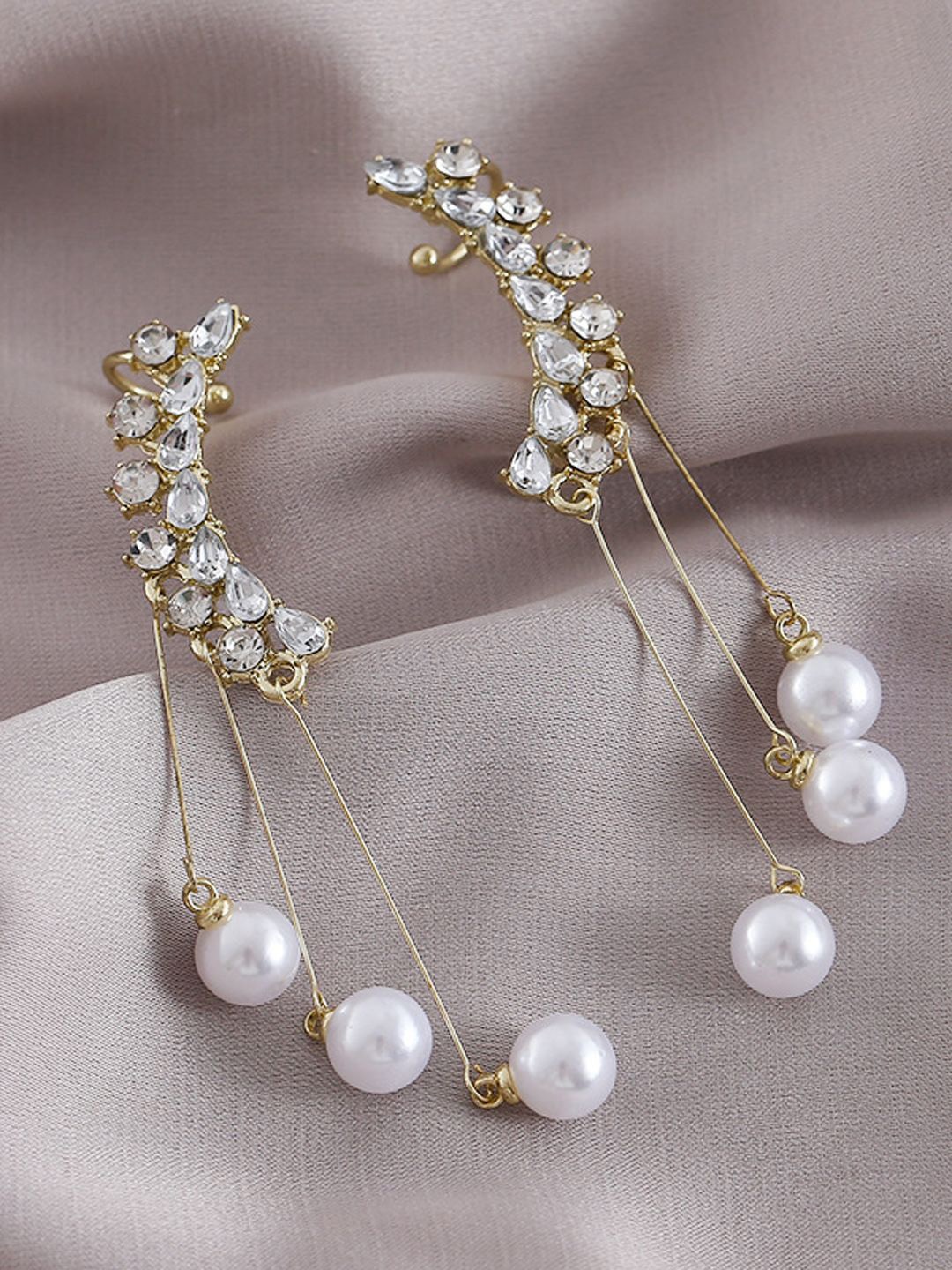 

VAGHBHATT Korean Gold-Plated Artificial Stones Studded & Pearls Beaded Tasselled Ear Cuff