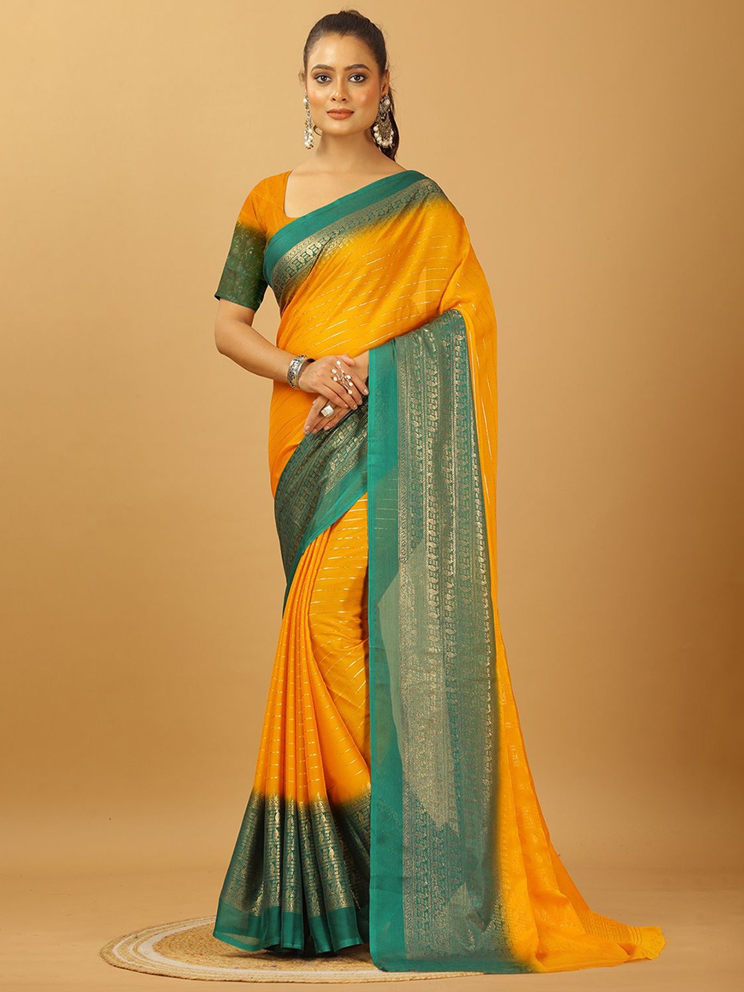 

VIRENDRA TEXTILES Moss Striped Woven Design Pure Crepe Saree, Yellow