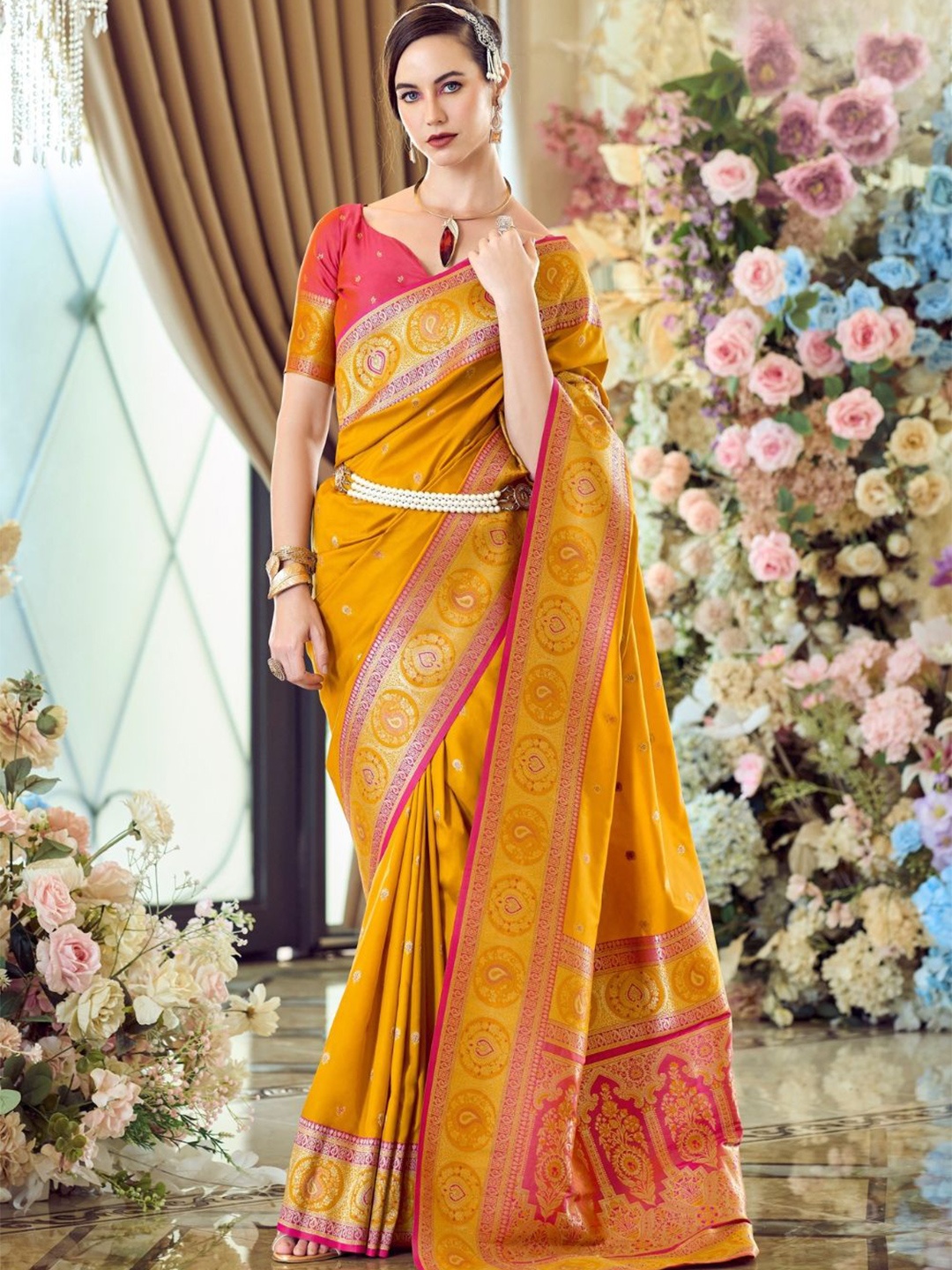 

DEVATITHI Mustard Pure Soft Banarasi Silk Saree