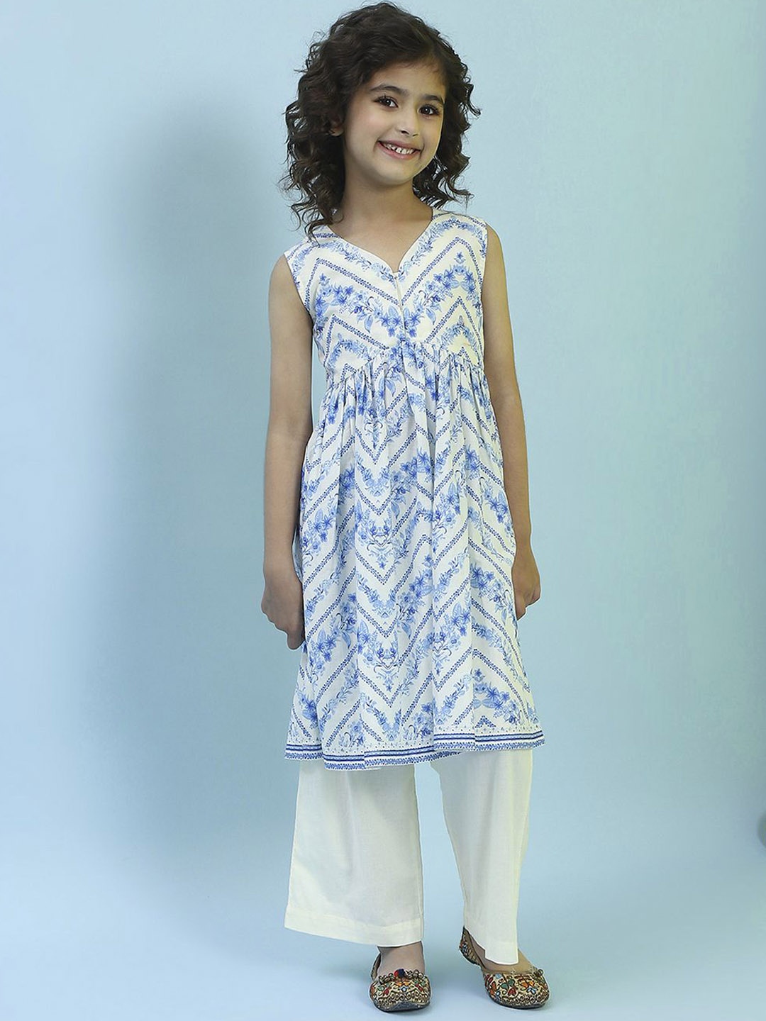 

Biba Girls Floral Printed V-Neck Pure Cotton A-Line Kurta with Palazzos, Cream
