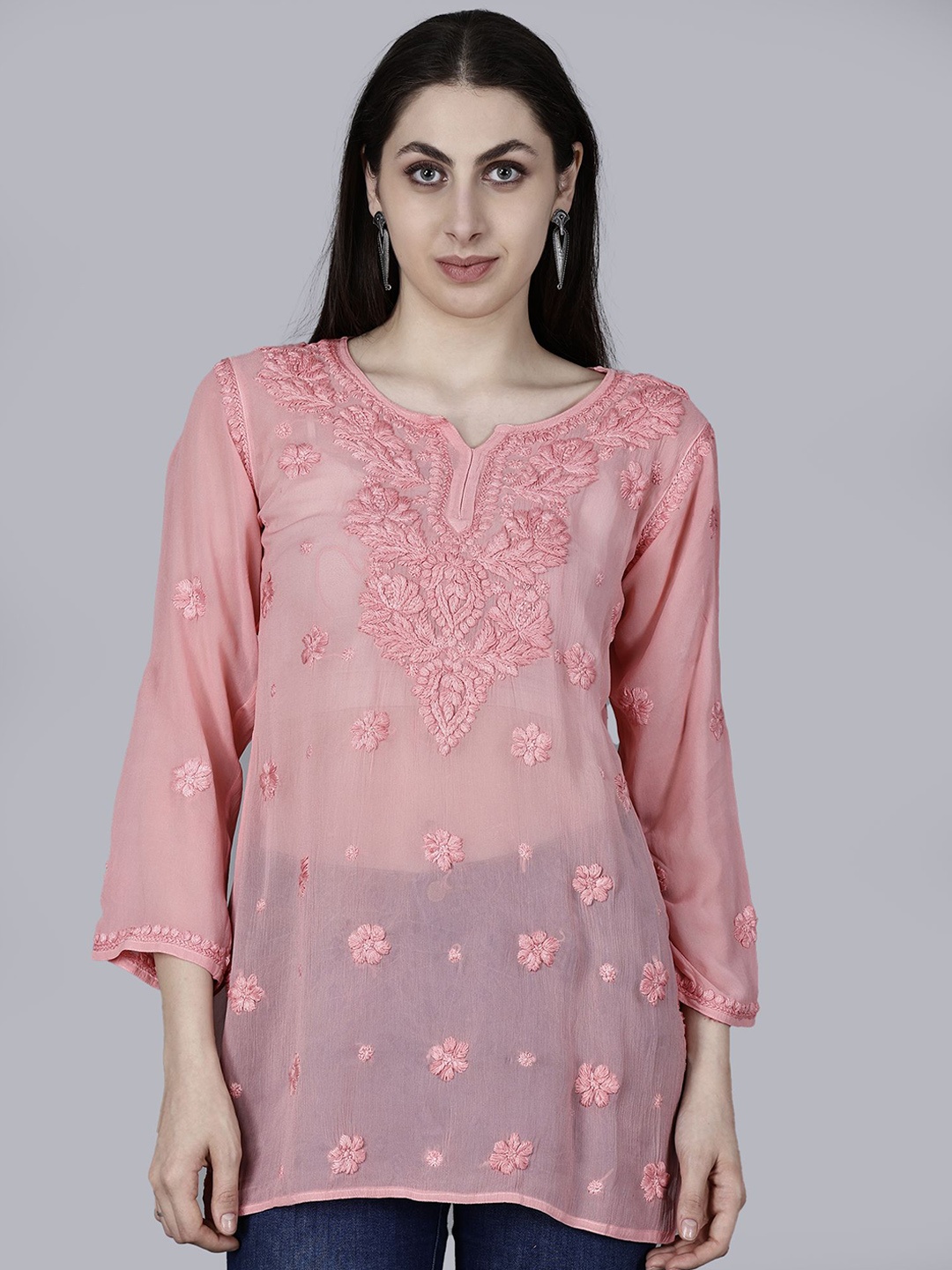 

NAZAQAT ETHNIC INDIA Ethnic Motifs Embroidered Notch Neck Chikankari Short Kurti, Peach
