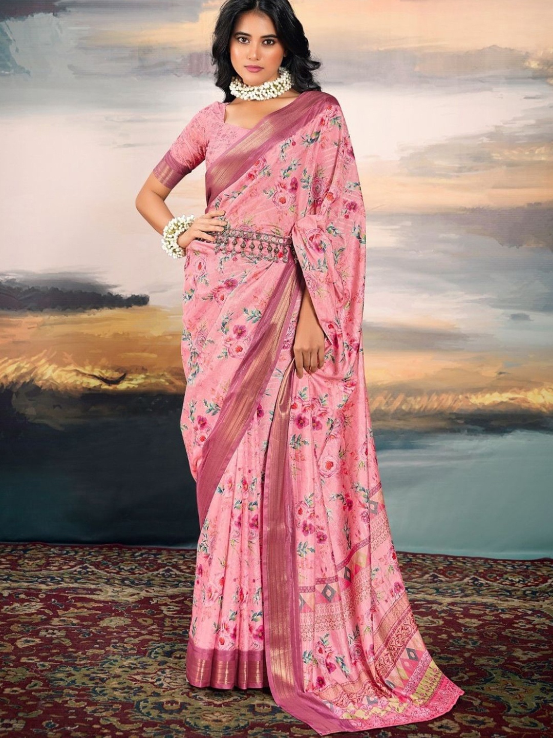 

DEVATITHI Pink Pure Cotton Silk Printed Saree