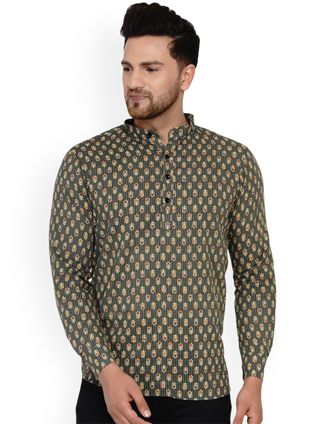 

VEERA PARIDHAAN Floral Printed Band Collar Cotton Straight Short Kurta, Green