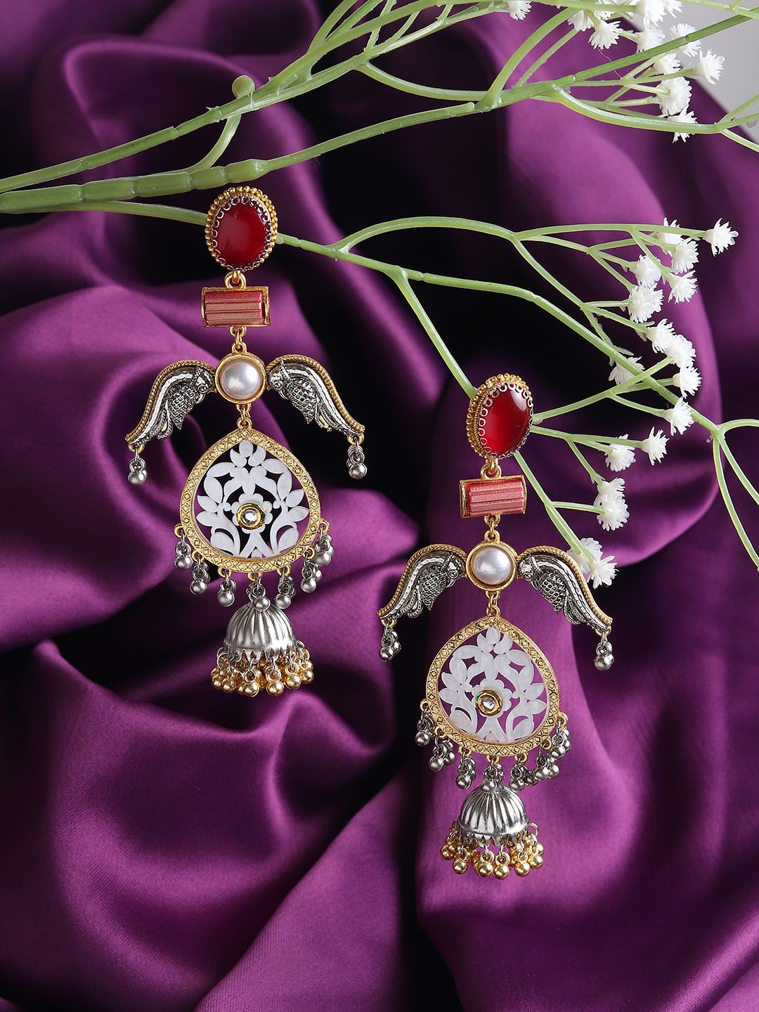 

RHOSYN German Silver Gold-Plated Stones Studded Contemporary Shaped Antique Drop Earrings