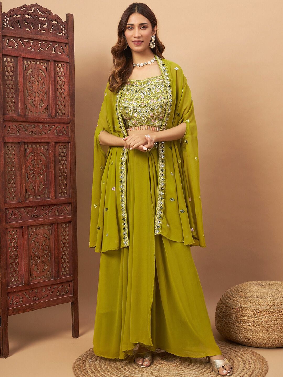 

Chhabra 555 Embroidered Sleeveless Top & Skirt With Shrug, Green