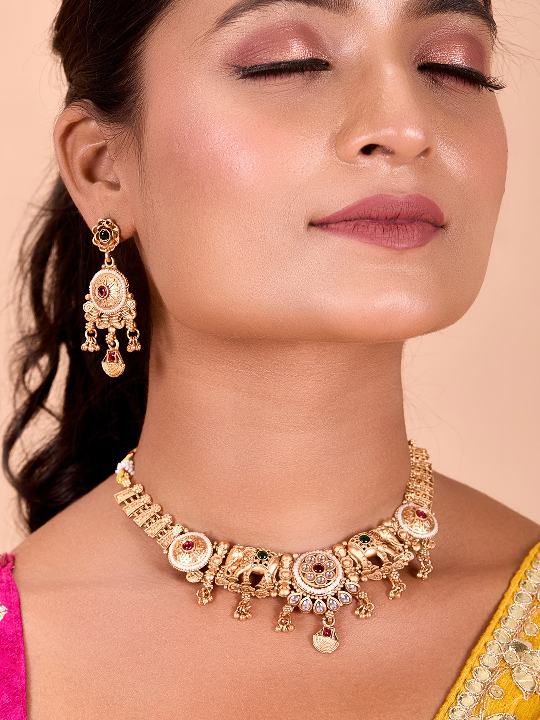 

TKRB SALES Gold-Plated Artificial Stones Studded & Beaded Jewellery Set