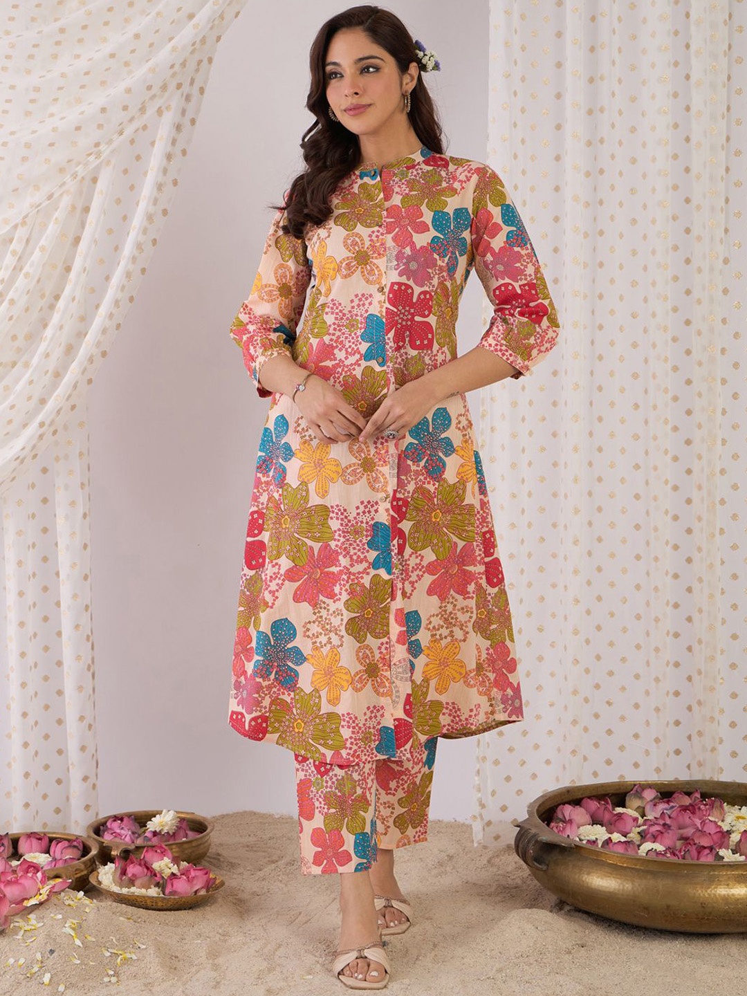 

Indo Era Floral Printed Mandarin Collar Pure Cotton A-Line Kurta With Trouser, Peach