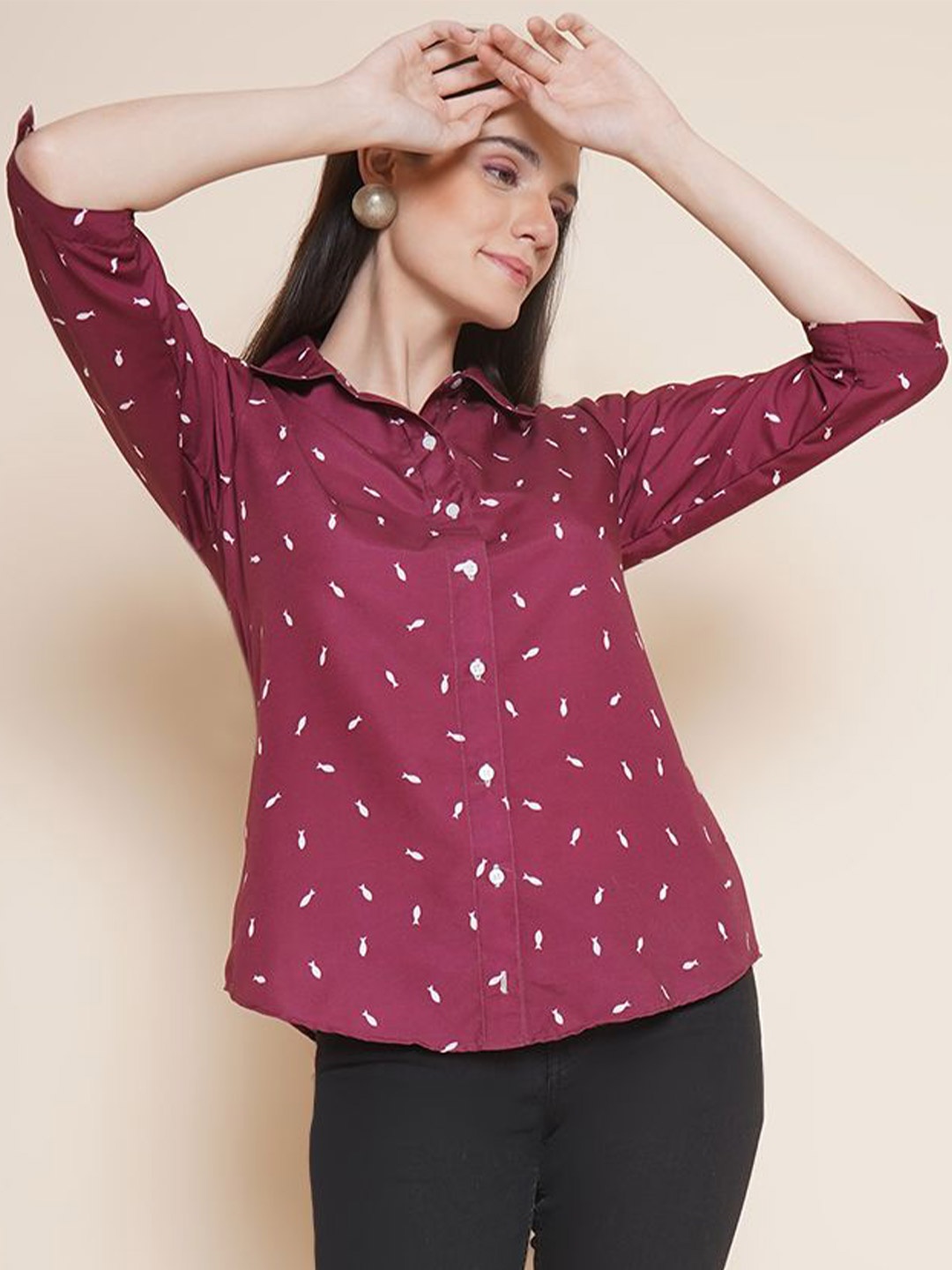 

JAKANARY Women Opaque Printed Casual Shirt, Maroon