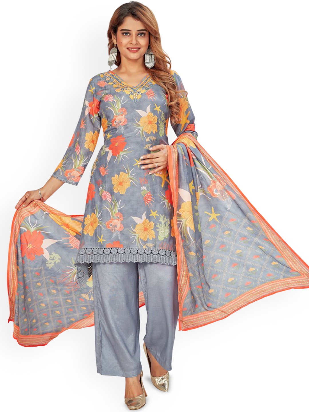 

Amchoor Floral Printed Mirror Work Pure Cotton Straight Kurta With Trouser & Dupatta, Grey