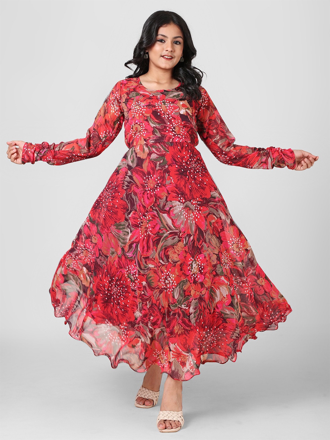 

Aarya Designer Girls Floral Printed Georgette Fit & Flare Maxi Dress, Red