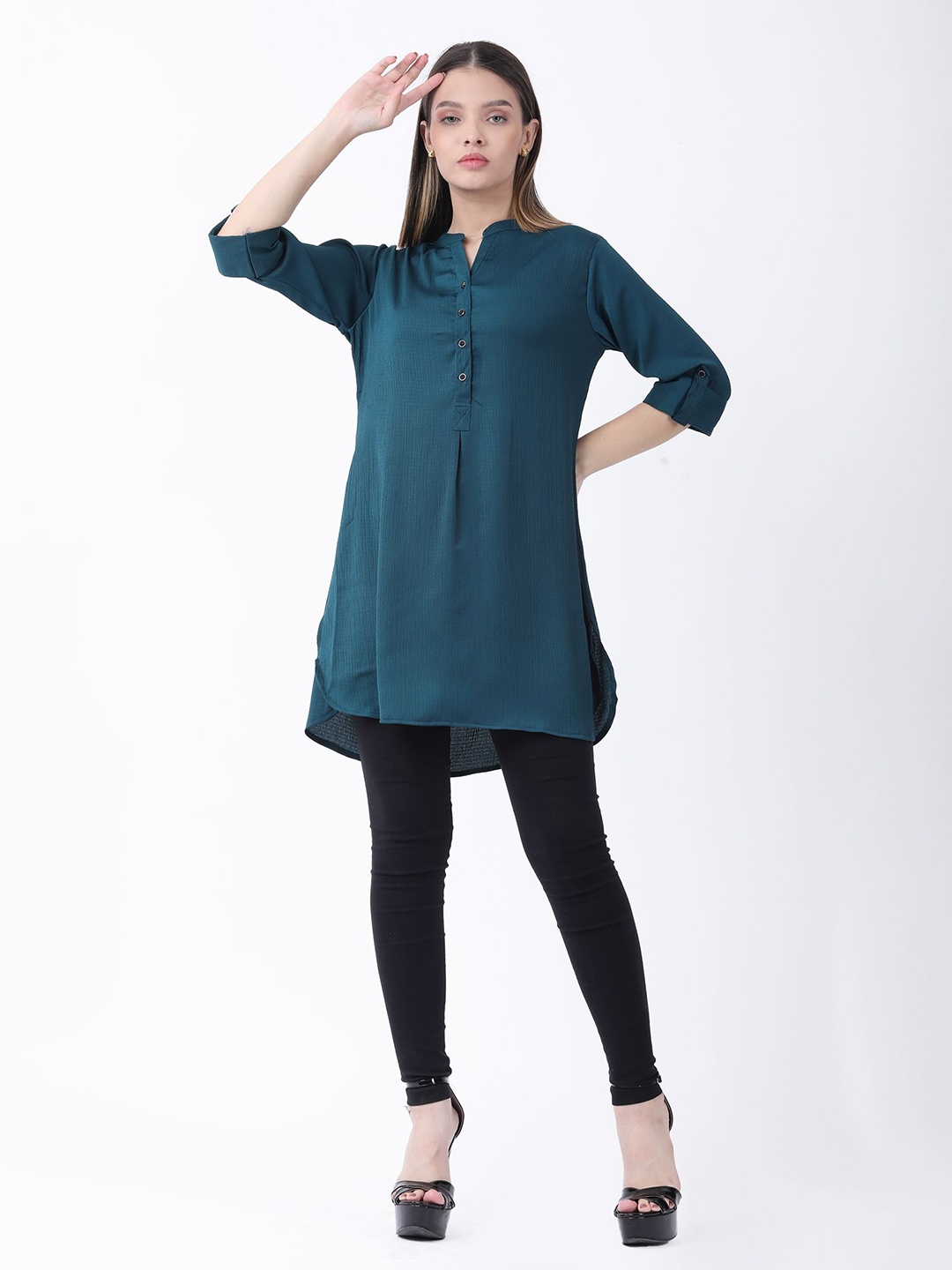 

Raus Fashion Mandarin Collar Roll-Up Sleeves Satin Shirt Style Top, Blue