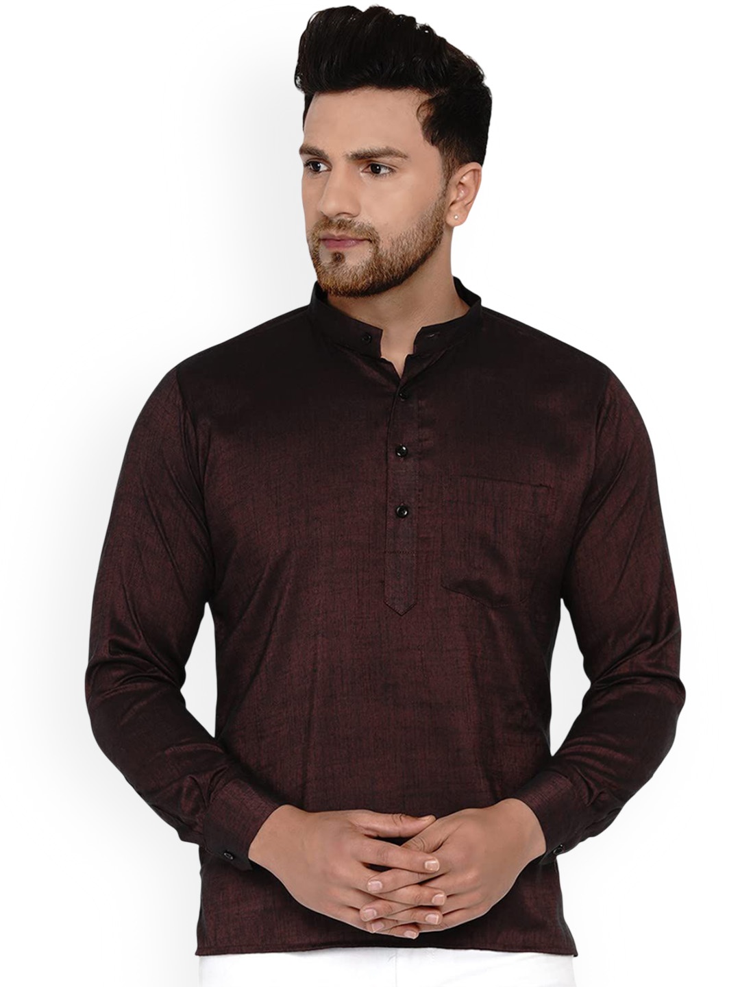 

VEERA PARIDHAAN Band Collar Long Roll-Up Sleeves Straight Kurta, Maroon