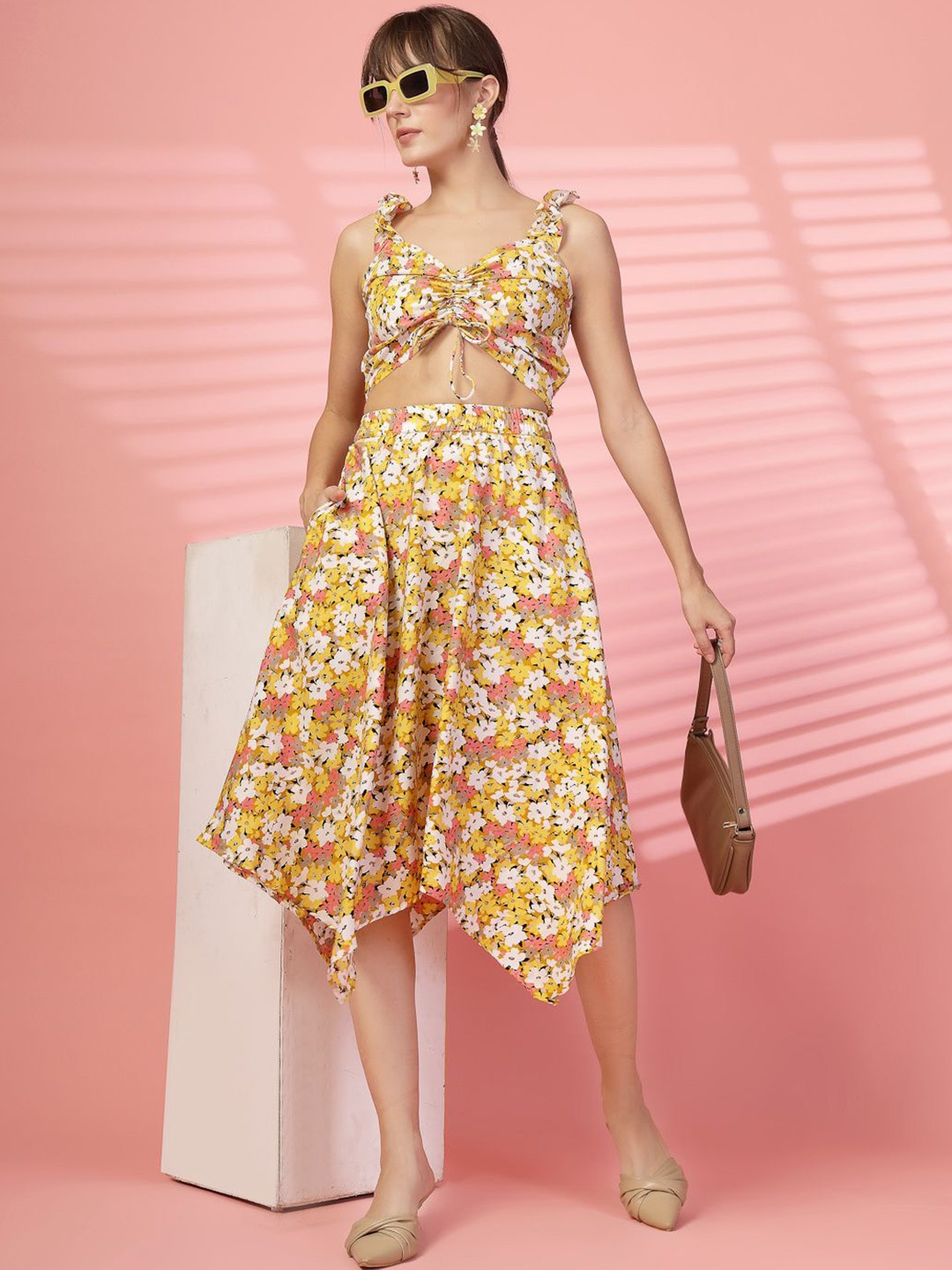 

DressBerry Printed V-Neck Top With Skirt, Yellow