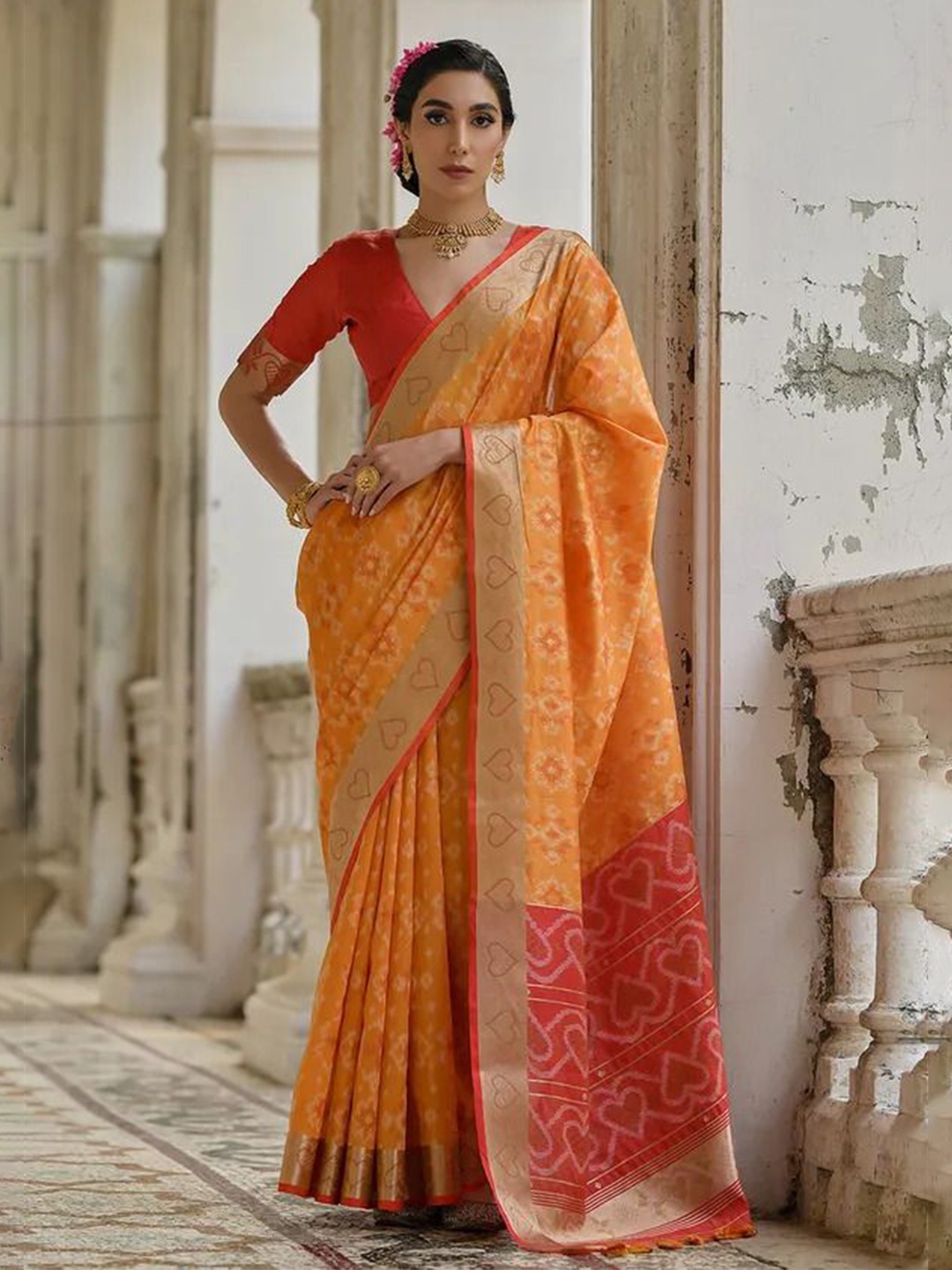 

MySilkLove Dark Salmon Orange Woven Raw Silk Saree