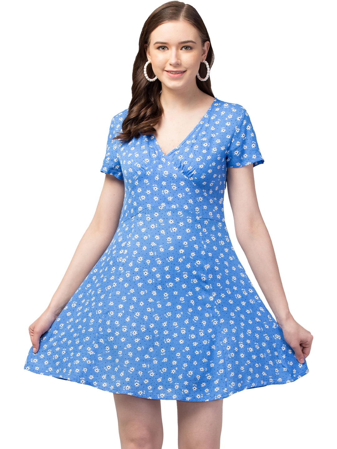 

TRAZO Women Floral Printed A-Line Above Knee Dress, Blue