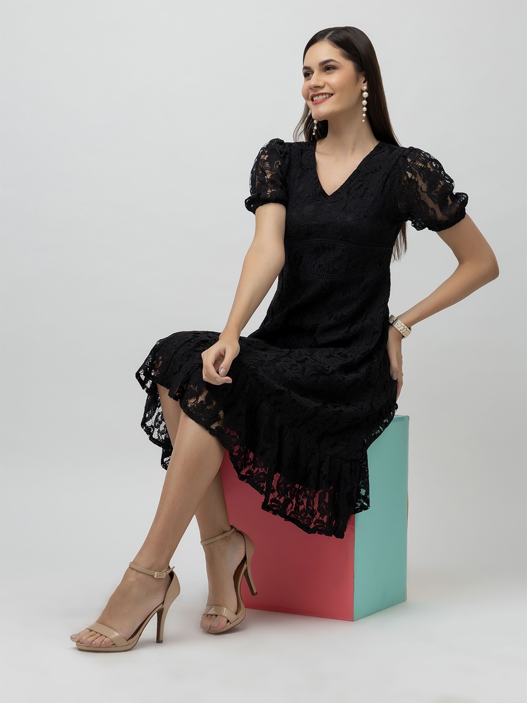 

7OUNCE Women V-Neck Self Design Puff Sleeve Fit & Flare Dress, Black