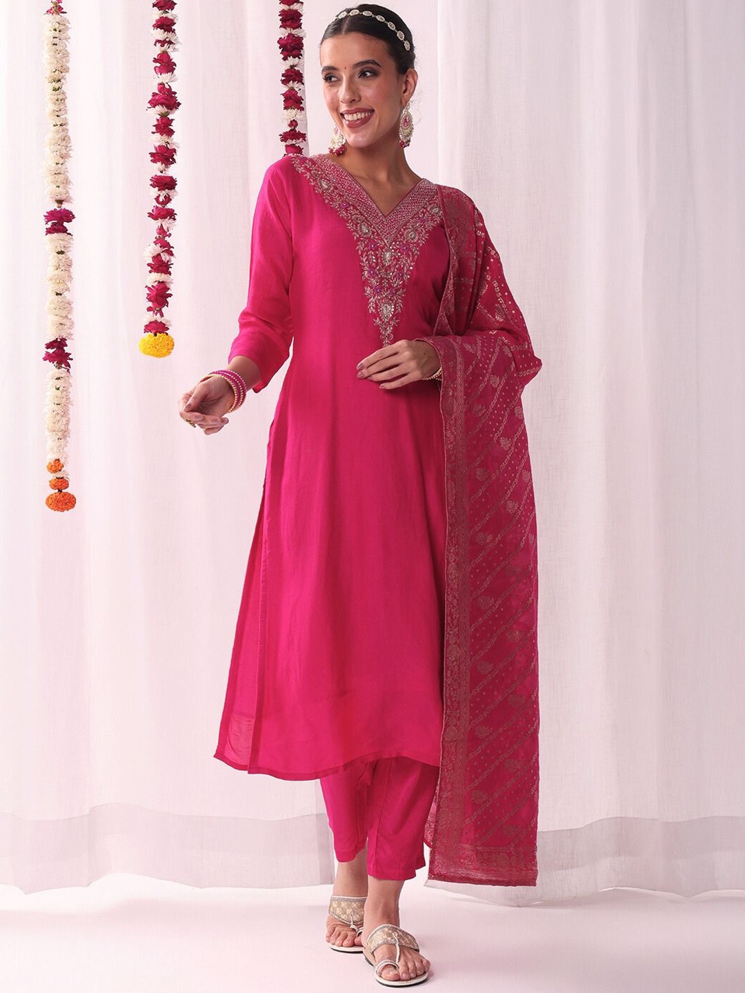 

Chhabra 555 Embroidered V Neck Kurta With Trouser & Dupatta, Pink