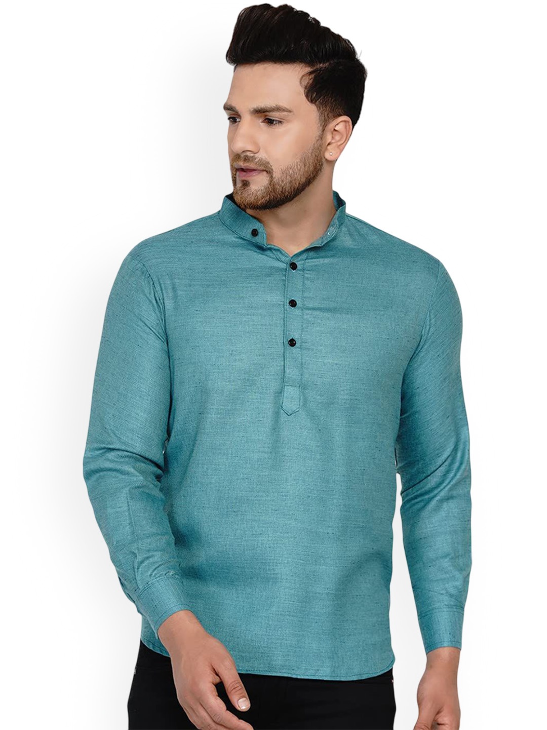

VEERA PARIDHAAN Band Collar Khadi Cotton Straight Kurta, Green