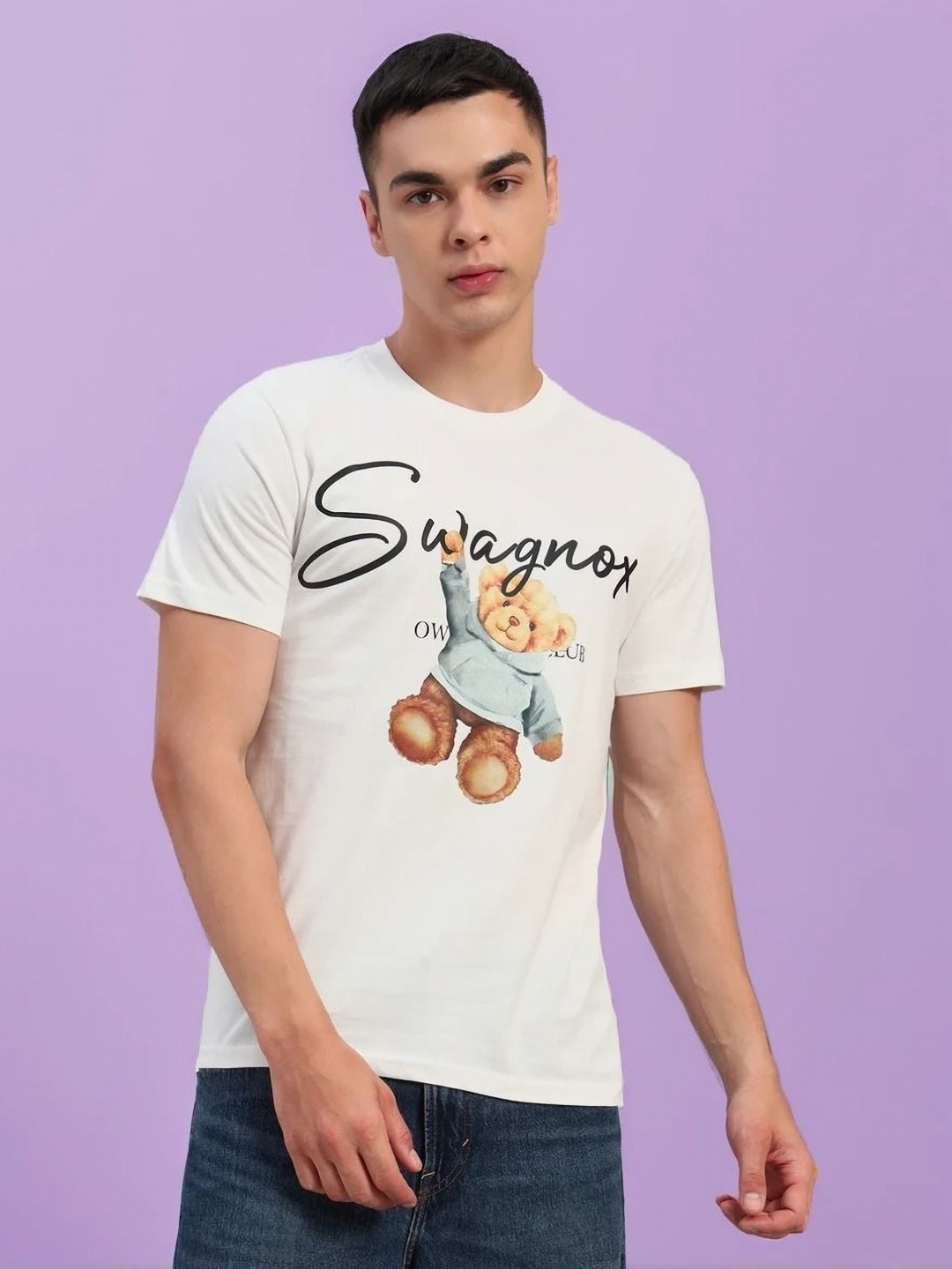 

SWAGNOX Men Printed Applique T-shirt, White