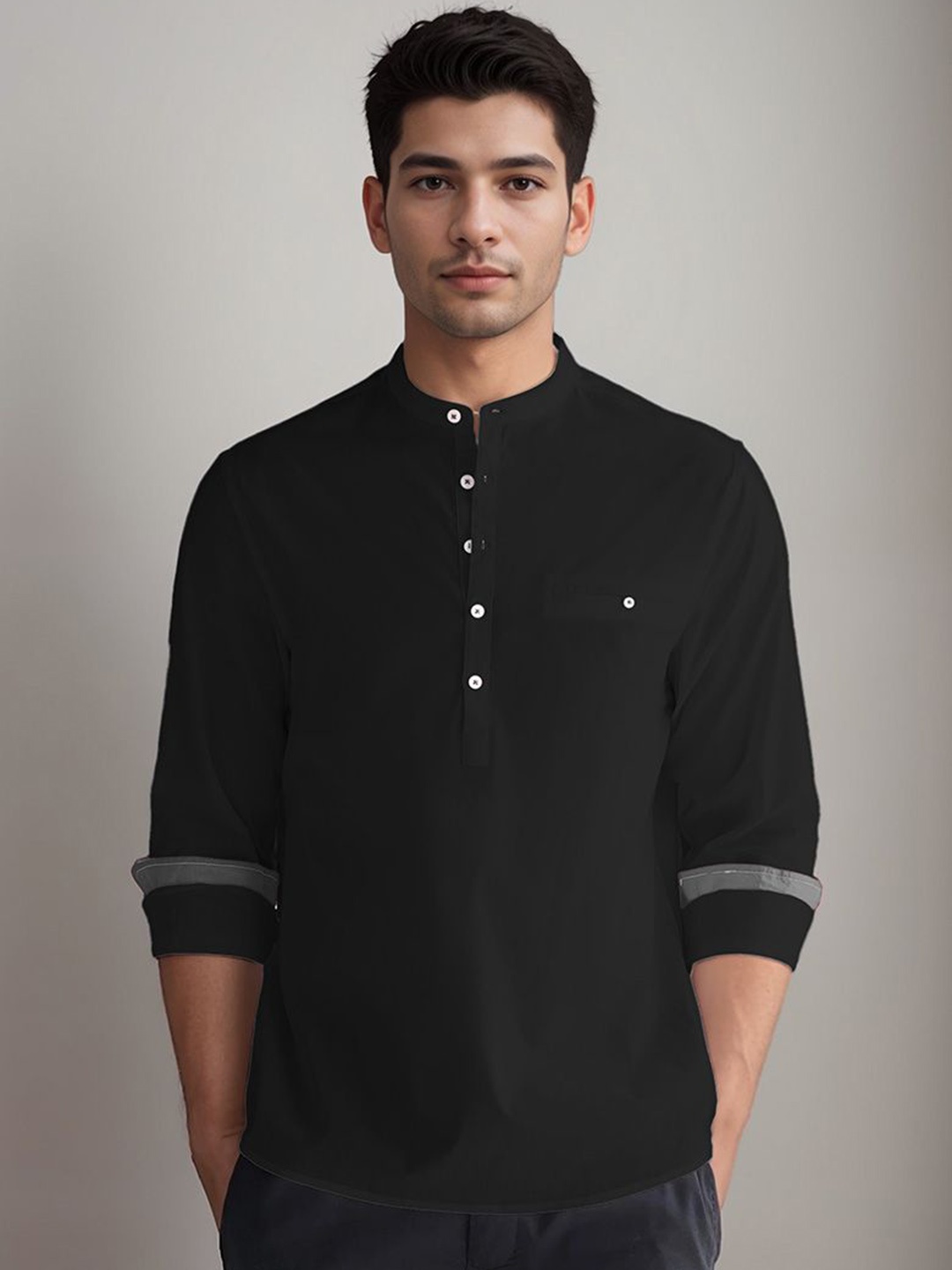 

APEKTRA Band Collar Straight Cotton Kurta, Black