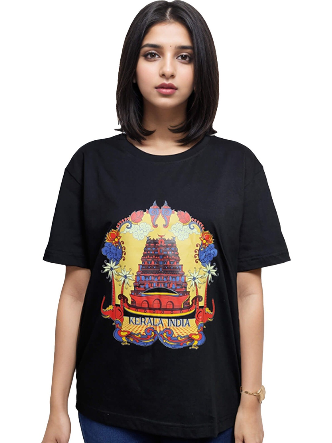 

MAATIR DESIGNS Kerala Boat House Print Drop-Shoulder Sleeves Cotton T-shirt, Black