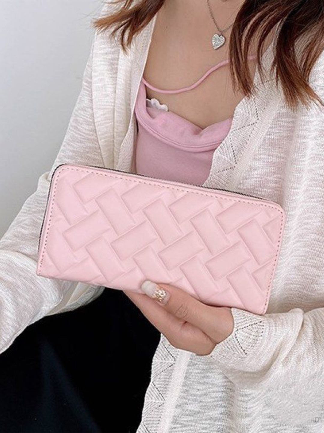 

DressBerry Women Geometric Textured PU Zip Around Wallet, Pink