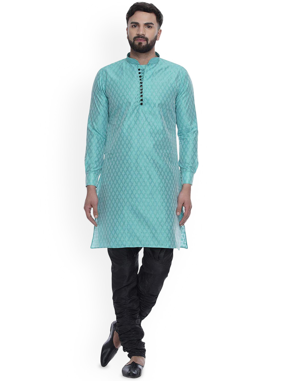 

VEERA PARIDHAAN Floral Woven Design Beads and Stones Mandarin Collar Jacquard Kurta, Green