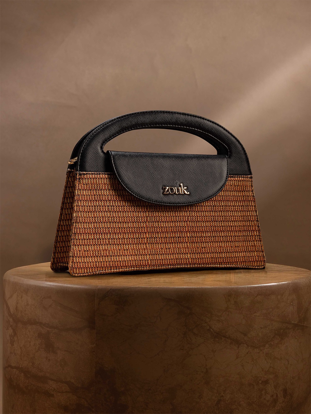 

ZOUK Printed Structured Sling Bag with Cut Work, Brown